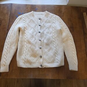 Vintage Hand-Knit Irish Aran Wool Cardigan with Antique Moose Buttons – Women’s